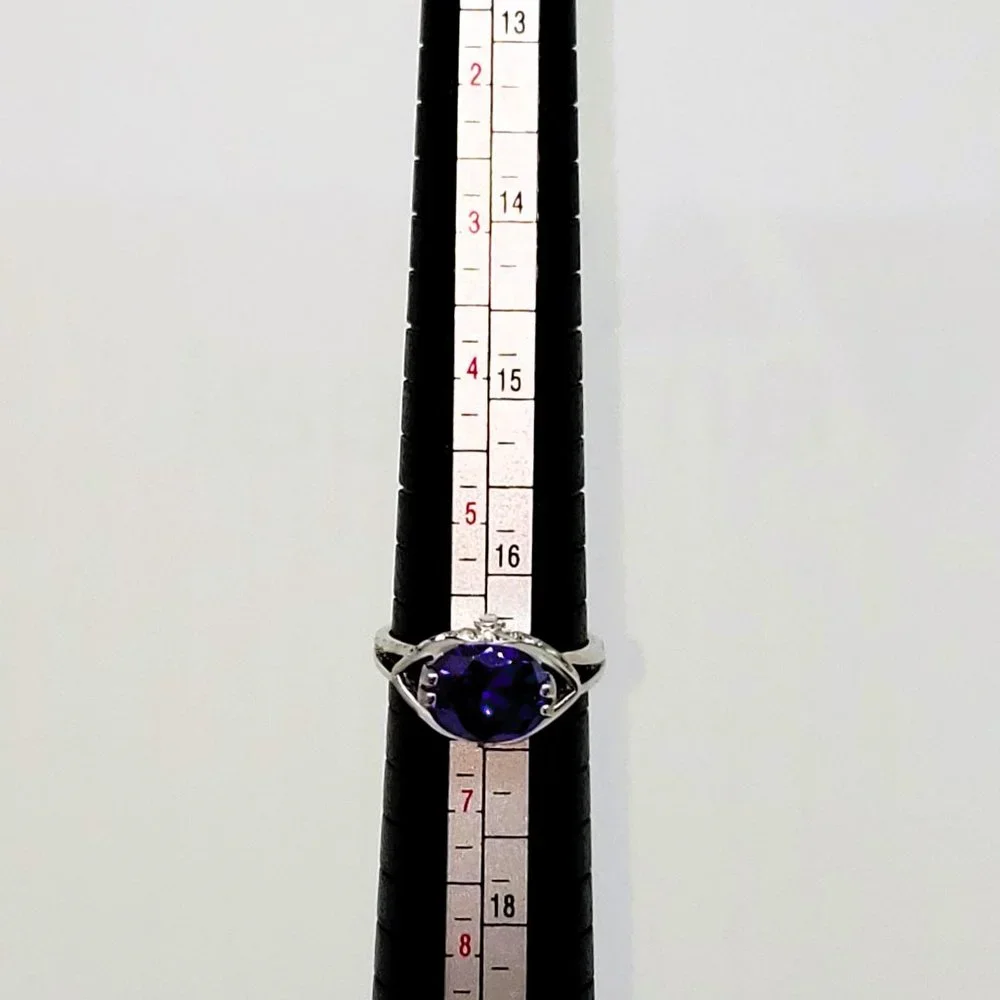 Simulated Amethyst & Rhinestone Silver Tone Ring Size 6 - Picture 9 of 10